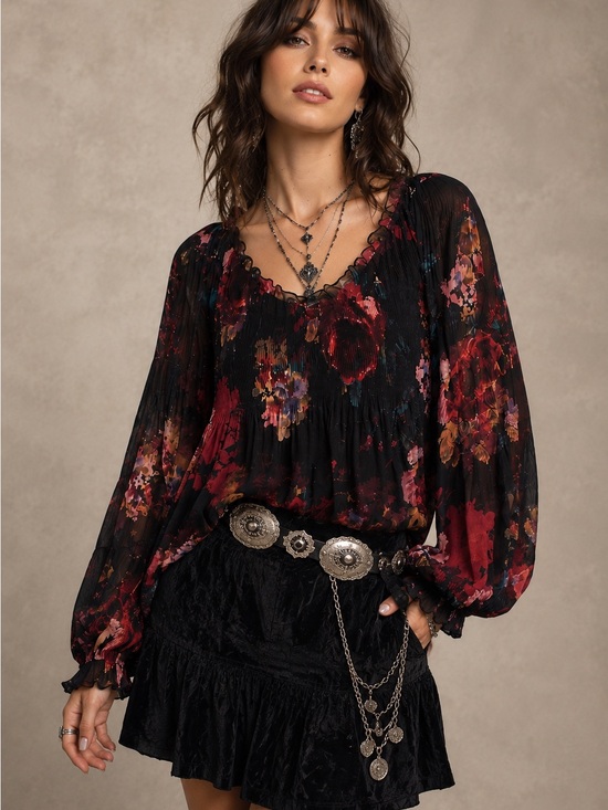 Melissa Paige Tops - Melissa Paige Dark Floral Pleated Peasant Blouse S, Whimsigoth Romantic Witchy